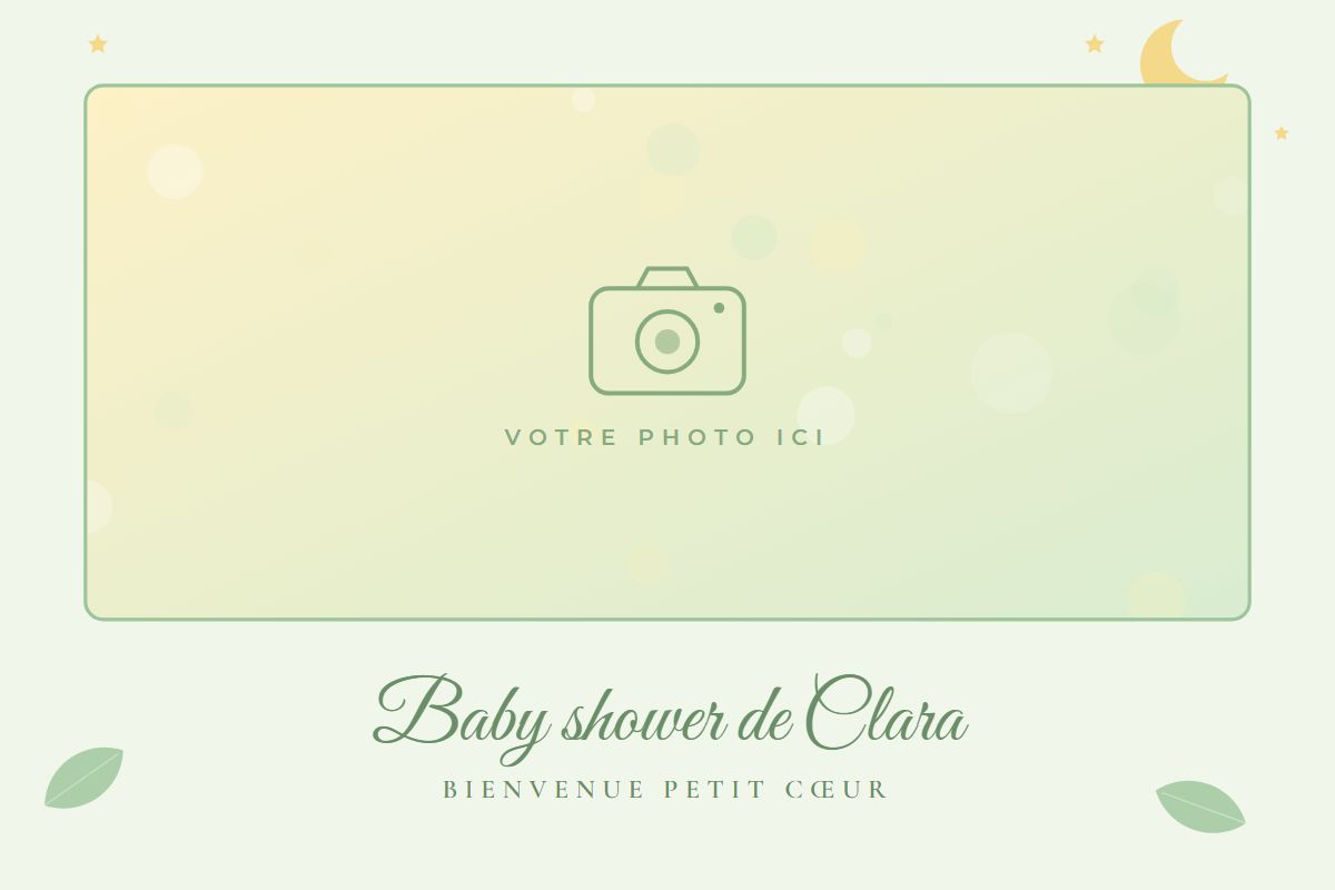 Exemple de cadre photo de baby shower aux tons verts et dorés avec lune et étoiles