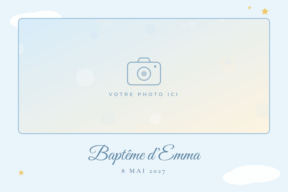 Exemple de cadre photo de baptême aux tons bleu ciel