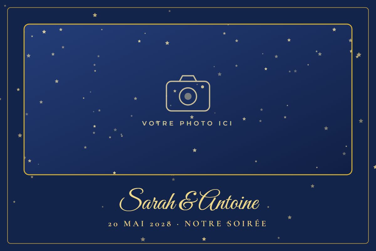 Exemple de cadre photo de mariage nuit étoilée bleu nuit et or